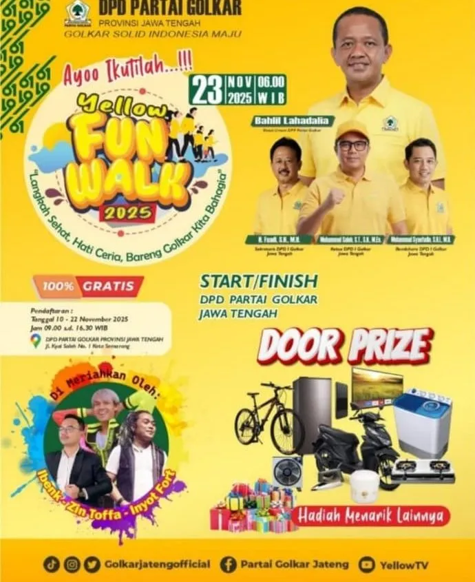 Yellow Fun Walk 2025: Acara Jalan Sehat Gratis Bersama Partai Golkar Jawa Tengah